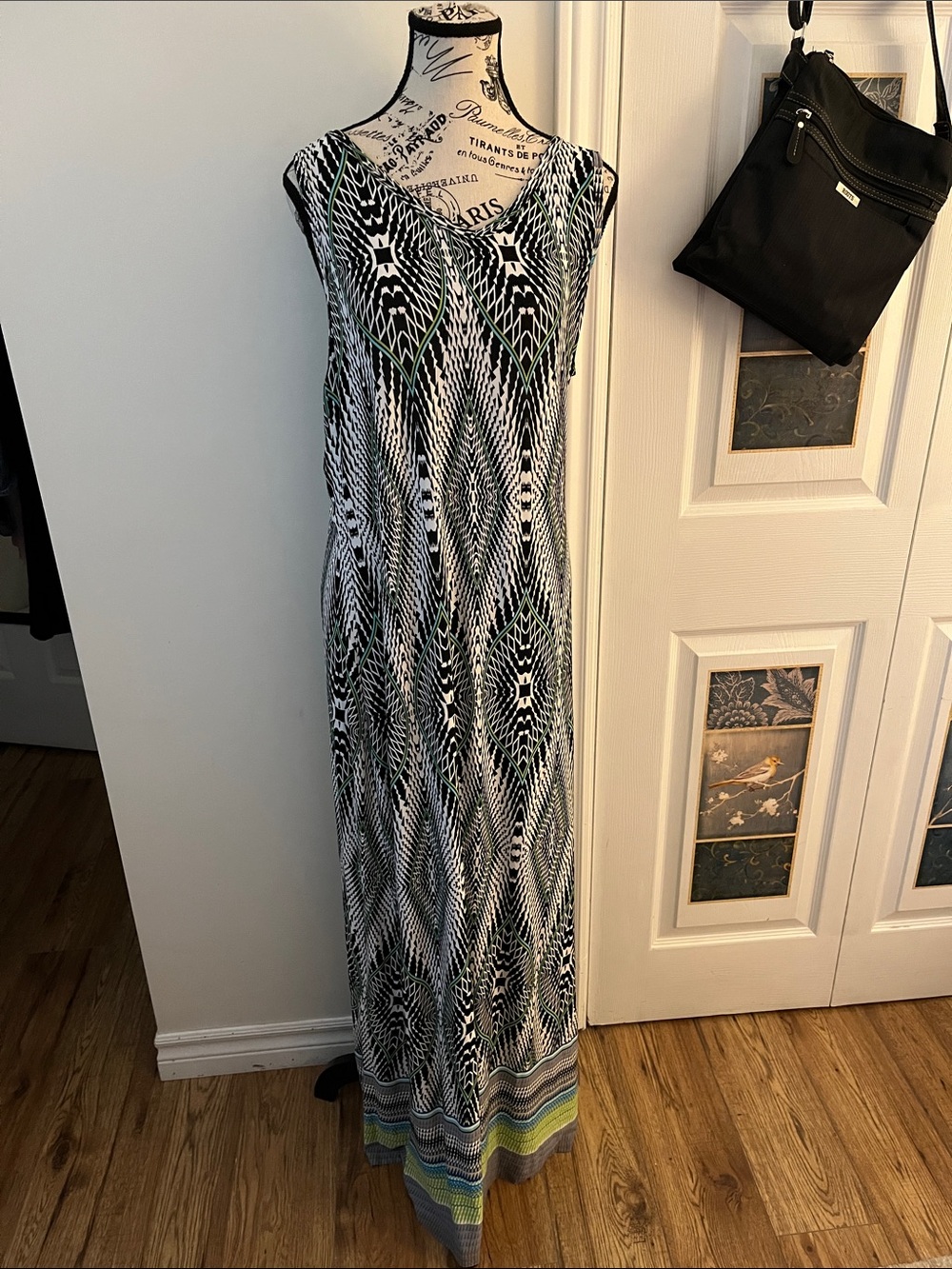 Tribal Black & White Geometric Maxi Dress with Subtle Green & Blue Accents